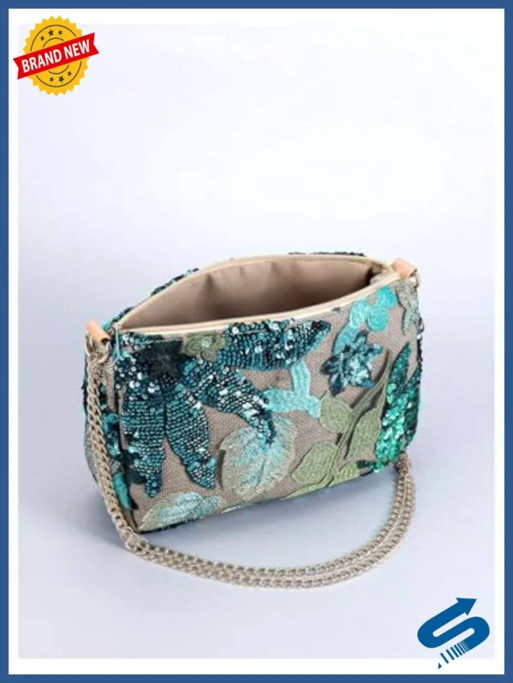 Sequin Floral Embroidered Evening Clutch Purse with Chain Strap | Wedding Guest